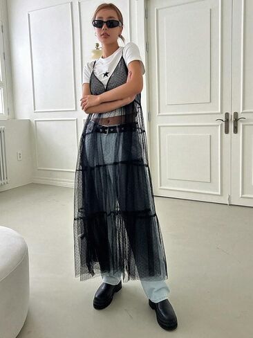 فستان نسائي من Cozyease شبكي شفاف ورقبة على شكل حرف V فستان طويل سادة بشريط سباغيتي بدون تي شيرت in Kuwait