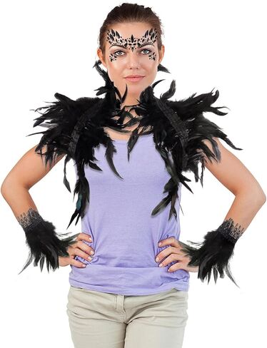 Hoemwarm Halloween أسود ريشة شال الرأس مع زوج واحد من قفازات الريش وملصقات وشم الوجه للنساء، طوق ريش قوطي برقبة كيب كتف شال زي لحفلات الهالوين in Kuwait