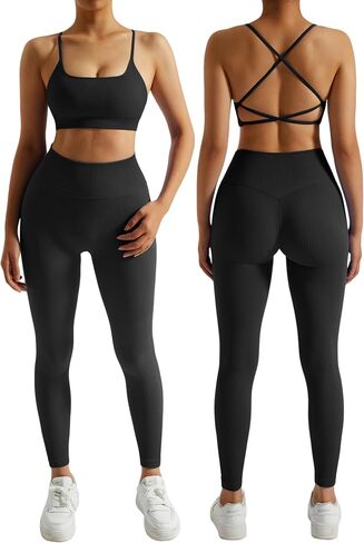 RXRXCOCO مجموعات تجريب مضلع للنساء 2 قطعة حمالة صدر رياضية بدون ظهر Strappy وسراويل ضيقة مطابقة مجموعة ملابس اليوغا in Kuwait