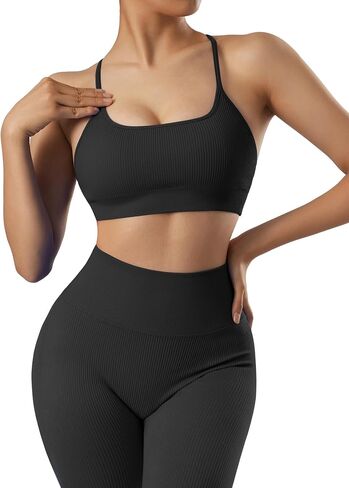 RXRXCOCO مجموعات تجريب مضلع للنساء 2 قطعة حمالة صدر رياضية بدون ظهر Strappy وسراويل ضيقة مطابقة مجموعة ملابس اليوغا in Kuwait