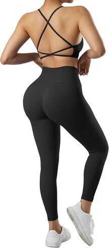 RXRXCOCO مجموعات تجريب مضلع للنساء 2 قطعة حمالة صدر رياضية بدون ظهر Strappy وسراويل ضيقة مطابقة مجموعة ملابس اليوغا in Kuwait