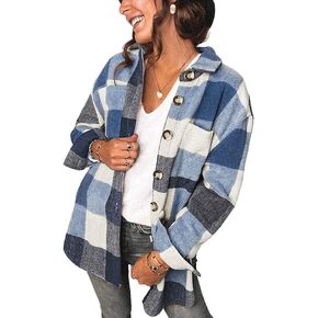 Women's Brushed Plaid Shirts Long Sleeve Flannel Lapel Button Down Cardigan Boyfriend Shacket Jacket Coats