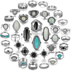 مجموعة خواتم مفصلية فضية عتيقة من 36 قطعة للنساء والفتيات من كيسويف، مجوهرات غربية، خواتم جمالية، خواتم بوهيمية متوسطة الحجم، مجموعة خواتم اصبع قابلة للتكديس من حجر الفيروز العتيق، هدية للنساء in Kuwait