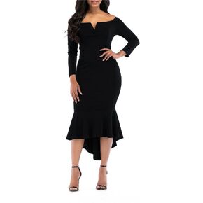 فساتين ذيل السمكة من Onlypuff للنساء فستان متوسط ​​الطول بأكمام طويلة ورقبة على شكل حرف V فستان كوكتيل in Kuwait