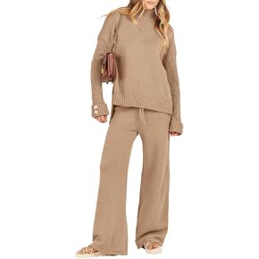 Caracilia Women's Two Piece Outfits Sweater Sets 2 Piece Long Sleeve Knit Pullover Tops Wide Leg Pants 2023 Fall Lounge Sets