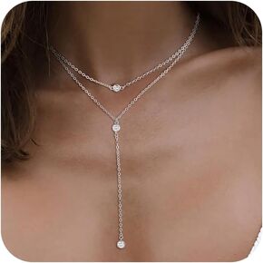 Lariat Gold Necklace for Women, 14k Gold Plated Dainty Long Layered Y Necklaces CZ Pendant Choker Necklace Simple Trendy Gold/Sliver Jewelry Gift for Girls