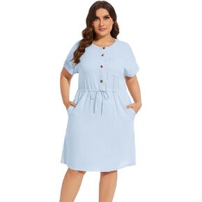 فستان VIKYAN نسائي قصير الأكمام بأزرار سفلية متوسط ​​الطول من الكتان كاجوال بحزام أمامي بلون سادة مستقيم من الأسفل in Kuwait