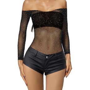 Adove Women Sexy Sparkle Rhinestone Mesh Teddy Fishnet Lingerie