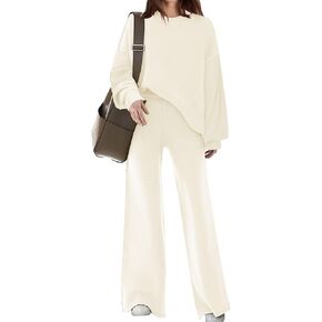 Disamer Womens 2 Piece Outfits Sweater Set Long Sleeve Knit Pullover Sweater Top Wide Leg Pants Lounge Sets