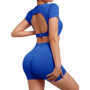SUUKSESS Open Back Short Sleeve Scrunch Butt Booty Shorts Seamless Ribbed Workout Sets 2 Piece Outfits