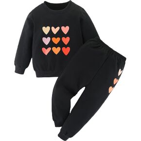 BOMDEALS Cute Toddler Girls Sweatsuit - Christmas Halloween Heart Print Child Clothes, Long Sweatshirt and Sweatpants Outfit