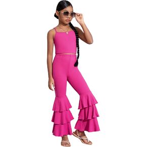 WDIRARA Toddler Girl's 2 Piece Set Sleeveless Cami Top with Ruffle Trim Flare Leg Pants