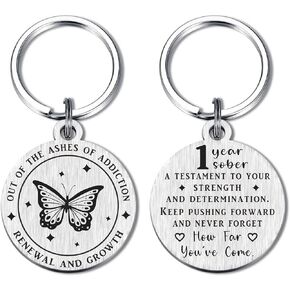 ABNTY 1 Year Sobriety Gifts Keychain - 1 Year Sober Gift for Men and Women, 1 Year Sober Chip with Butterfly Design Symbolizing Transformation and Growth