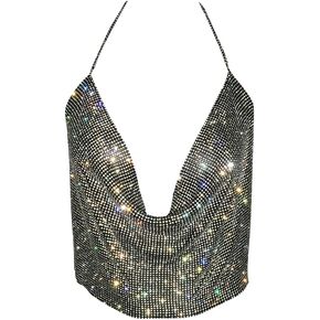 PartyArt Women Sexy Rhinestone Tops Sparkly Deep V Backless Crop Top Hanging Neck Metal Chain Sleeveless Club Party Clubwear