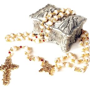 elegantmedical HANDMADE Gold AAA White 9mm Real Pearl Rosary Cross Wire Wrapped Bead NECKLACE BOX