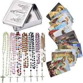 SZQCZB 7PCS Rosary Beads Catholic Necklace and 18pcs Holy Card,1 Metal Box, First Communion Gifts Catholic, Our Rose Lourdes Medal and Cross in Kuwait