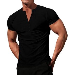 LOGEEYAR Mens Knit Stretch Henley Shirt Workout Slim Fit Short Sleeve Tees Athletic Muscle Casual T-Shirt in Kuwait