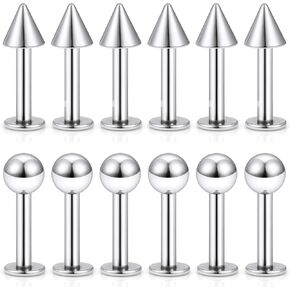 SCERRING 12PCS 14g Stainless Steel Balls & Spikes Labret Monroe Lip Cheek Tragus Cartilage Helix Earring Ring Body Piercing Jewelry 8-14mm