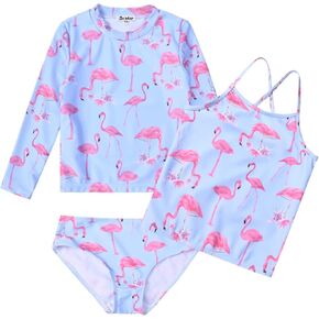 Jxstar Girls 3 Piece Rash Guard Swimwear Set Kids Long Sleeve Swimsuits UPF 50+ UV