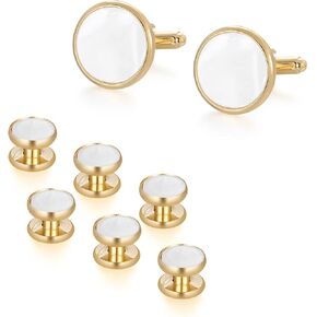 UJOY Mens Mother of Pearl Cufflinks and Studs Tuxedo Bottons Set Presentation Box Business Dress Parts for Wedding Party