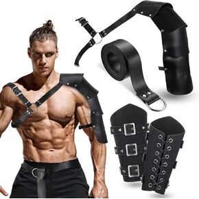 Sanwuta 4 Pcs Halloween Leather Single Shoulder Armor Faux Leather Arm Guards Medieval Viking Knight Belt Costume for Adults Cosplay(Brief) Black in Kuwait