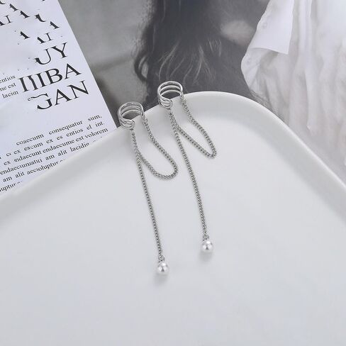 شرابة سلسلة اللؤلؤ الأذن كليب لا ثقب الكفة الأقراط سلسلة للنساء في سن المراهقة الفتيات الغضروف التفاف الأقراط شرابة سلسلة كليب على الأذن لا ثقب in Kuwait