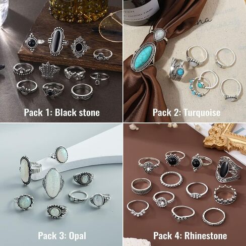 مجموعة خواتم مفصلية فضية عتيقة من 36 قطعة للنساء والفتيات من كيسويف، مجوهرات غربية، خواتم جمالية، خواتم بوهيمية متوسطة الحجم، مجموعة خواتم اصبع قابلة للتكديس من حجر الفيروز العتيق، هدية للنساء in Kuwait