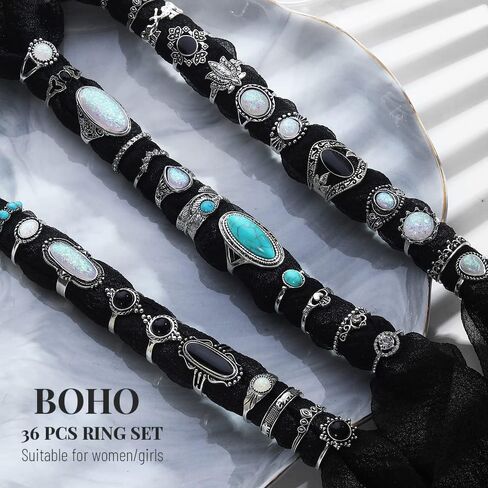 مجموعة خواتم مفصلية فضية عتيقة من 36 قطعة للنساء والفتيات من كيسويف، مجوهرات غربية، خواتم جمالية، خواتم بوهيمية متوسطة الحجم، مجموعة خواتم اصبع قابلة للتكديس من حجر الفيروز العتيق، هدية للنساء in Kuwait