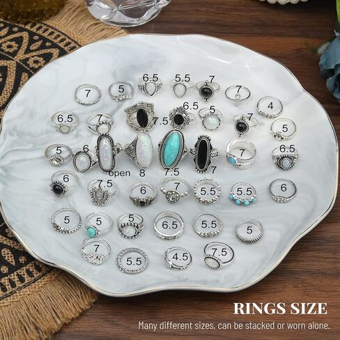 مجموعة خواتم مفصلية فضية عتيقة من 36 قطعة للنساء والفتيات من كيسويف، مجوهرات غربية، خواتم جمالية، خواتم بوهيمية متوسطة الحجم، مجموعة خواتم اصبع قابلة للتكديس من حجر الفيروز العتيق، هدية للنساء in Kuwait