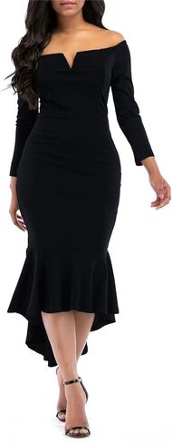 فساتين ذيل السمكة من Onlypuff للنساء فستان متوسط ​​الطول بأكمام طويلة ورقبة على شكل حرف V فستان كوكتيل in Kuwait