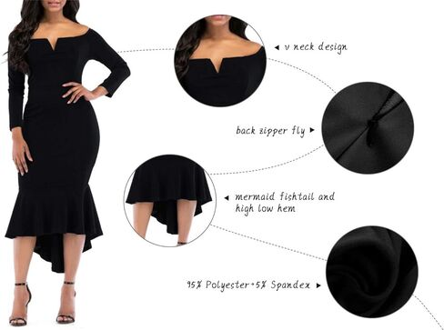 فساتين ذيل السمكة من Onlypuff للنساء فستان متوسط ​​الطول بأكمام طويلة ورقبة على شكل حرف V فستان كوكتيل in Kuwait