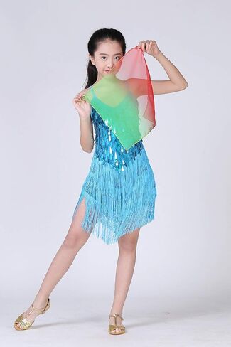 Happy Cherry Girl's Sequin Tassel Dress Latin Dance Skirt Costume Sparkling for Kids Ballet Tango Rumba Dancewear 5-14 Years in Kuwait