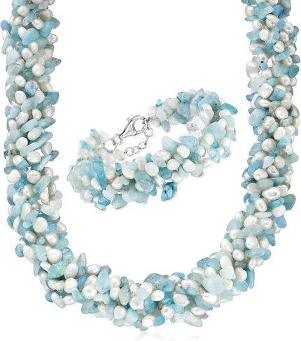 Ross-Simons Aquamarine Bead and 5-6mm Cultured Pearl Torsade Necklace With Free Bracelet. 18 inches in Saudi Arabia