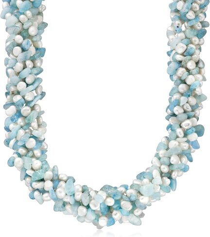Ross-Simons Aquamarine Bead and 5-6mm Cultured Pearl Torsade Necklace With Free Bracelet. 18 inches in Saudi Arabia