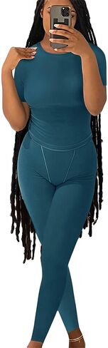 ZFLM Casual Workout Two Piece Outfits for Women Fitted Crew Neck T-shirt High Waist pants Matching Sets Streetwear in Saudi Arabia