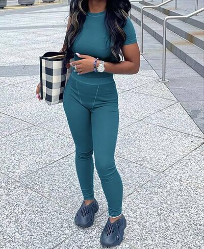ZFLM Casual Workout Two Piece Outfits for Women Fitted Crew Neck T-shirt High Waist pants Matching Sets Streetwear in Saudi Arabia