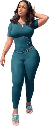 ZFLM Casual Workout Two Piece Outfits for Women Fitted Crew Neck T-shirt High Waist pants Matching Sets Streetwear in Saudi Arabia