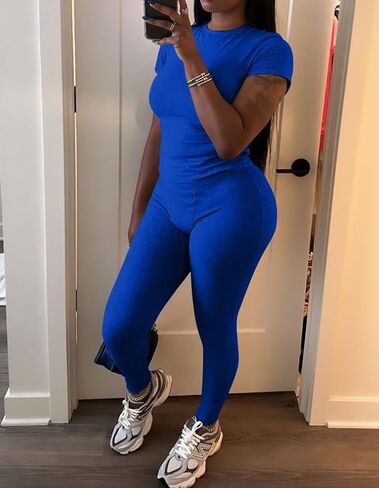 ZFLM Casual Workout Two Piece Outfits for Women Fitted Crew Neck T-shirt High Waist pants Matching Sets Streetwear in Saudi Arabia