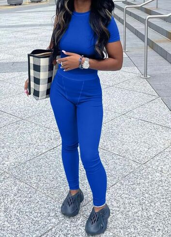 ZFLM Casual Workout Two Piece Outfits for Women Fitted Crew Neck T-shirt High Waist pants Matching Sets Streetwear in Saudi Arabia