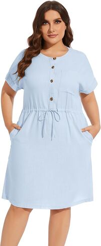 فستان VIKYAN نسائي قصير الأكمام بأزرار سفلية متوسط ​​الطول من الكتان كاجوال بحزام أمامي بلون سادة مستقيم من الأسفل in Kuwait