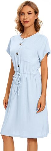 فستان VIKYAN نسائي قصير الأكمام بأزرار سفلية متوسط ​​الطول من الكتان كاجوال بحزام أمامي بلون سادة مستقيم من الأسفل in Kuwait