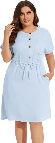 فستان VIKYAN نسائي قصير الأكمام بأزرار سفلية متوسط ​​الطول من الكتان كاجوال بحزام أمامي بلون سادة مستقيم من الأسفل in Kuwait