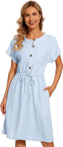 فستان VIKYAN نسائي قصير الأكمام بأزرار سفلية متوسط ​​الطول من الكتان كاجوال بحزام أمامي بلون سادة مستقيم من الأسفل in Kuwait