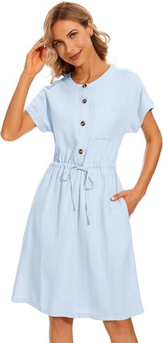 فستان VIKYAN نسائي قصير الأكمام بأزرار سفلية متوسط ​​الطول من الكتان كاجوال بحزام أمامي بلون سادة مستقيم من الأسفل in Kuwait