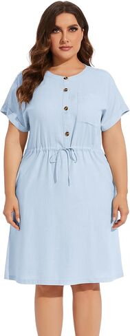 فستان VIKYAN نسائي قصير الأكمام بأزرار سفلية متوسط ​​الطول من الكتان كاجوال بحزام أمامي بلون سادة مستقيم من الأسفل in Kuwait