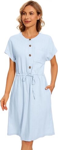 فستان VIKYAN نسائي قصير الأكمام بأزرار سفلية متوسط ​​الطول من الكتان كاجوال بحزام أمامي بلون سادة مستقيم من الأسفل in Kuwait