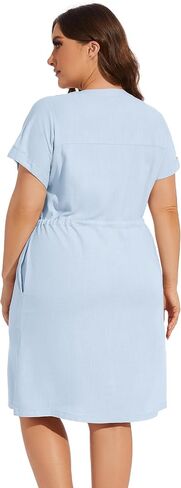 فستان VIKYAN نسائي قصير الأكمام بأزرار سفلية متوسط ​​الطول من الكتان كاجوال بحزام أمامي بلون سادة مستقيم من الأسفل in Kuwait