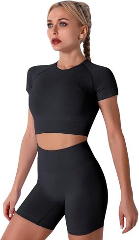 IWEMEK Women Seamless Yoga Outfits 2 Piece Workout Short Sleeve Crop Top with High Waisted Running Shorts Sets Activewear in Kuwait