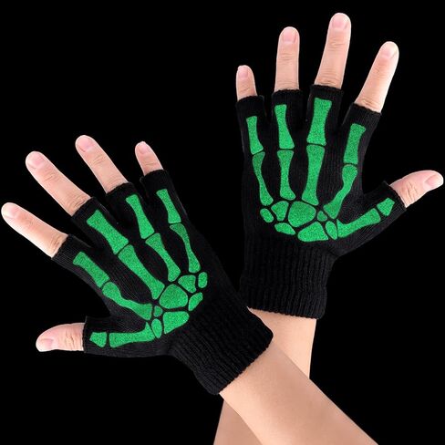 WLLHYF قفازات هيكل عظمي للهالوين قفازات نصف إصبع على شكل عظمة جمجمة تتوهج في الظلام إكسسوارات أزياء الهالوين للرجال والنساء والأطفال فستان تنكرية in Kuwait