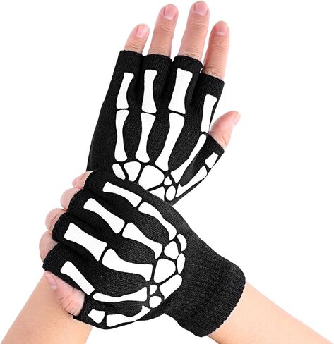 WLLHYF قفازات هيكل عظمي للهالوين قفازات نصف إصبع على شكل عظمة جمجمة تتوهج في الظلام إكسسوارات أزياء الهالوين للرجال والنساء والأطفال فستان تنكرية in Kuwait